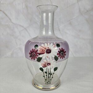 Vintage Hand Painted Glass Vase Pink & Purple Flowers Gold Accents